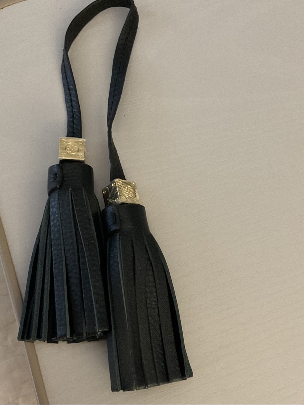Tory Burch Black Leather Double Tassel Charm with Gold Hardware
